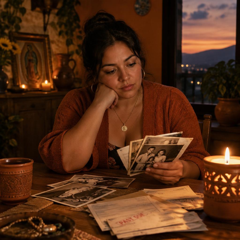 Mujer revisando fotos familiares y cuentas